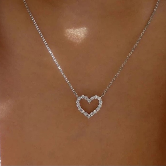 Rhinestone Double Heart Charm Sterling Silver Necklace - Picture 2 of 6